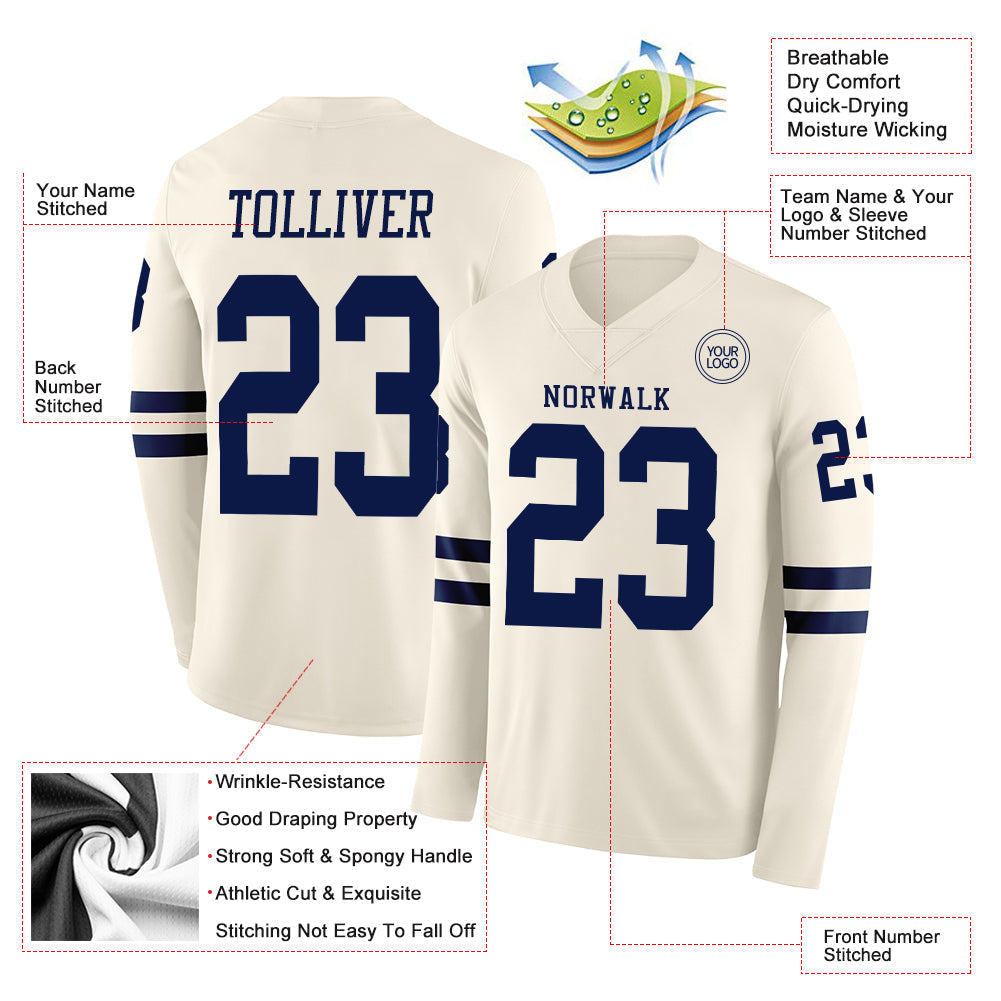 Custom Cream Navy Long Sleeve Authentic Football Jersey Limited