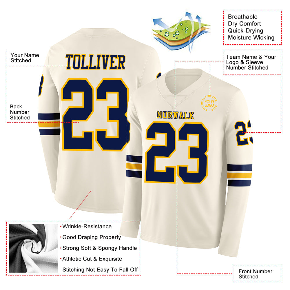 Custom Cream Navy-Gold Long Sleeve Authentic Football Jersey Limited