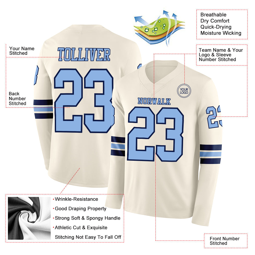 Custom Cream Light Blue-Navy Long Sleeve Authentic Football Jersey Limited