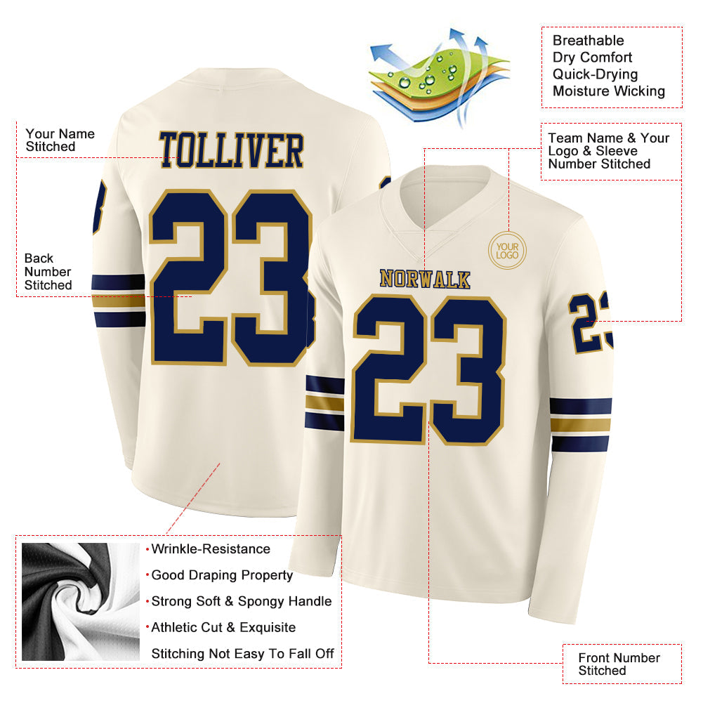 Custom Cream Navy-Old Gold Long Sleeve Authentic Football Jersey Limited