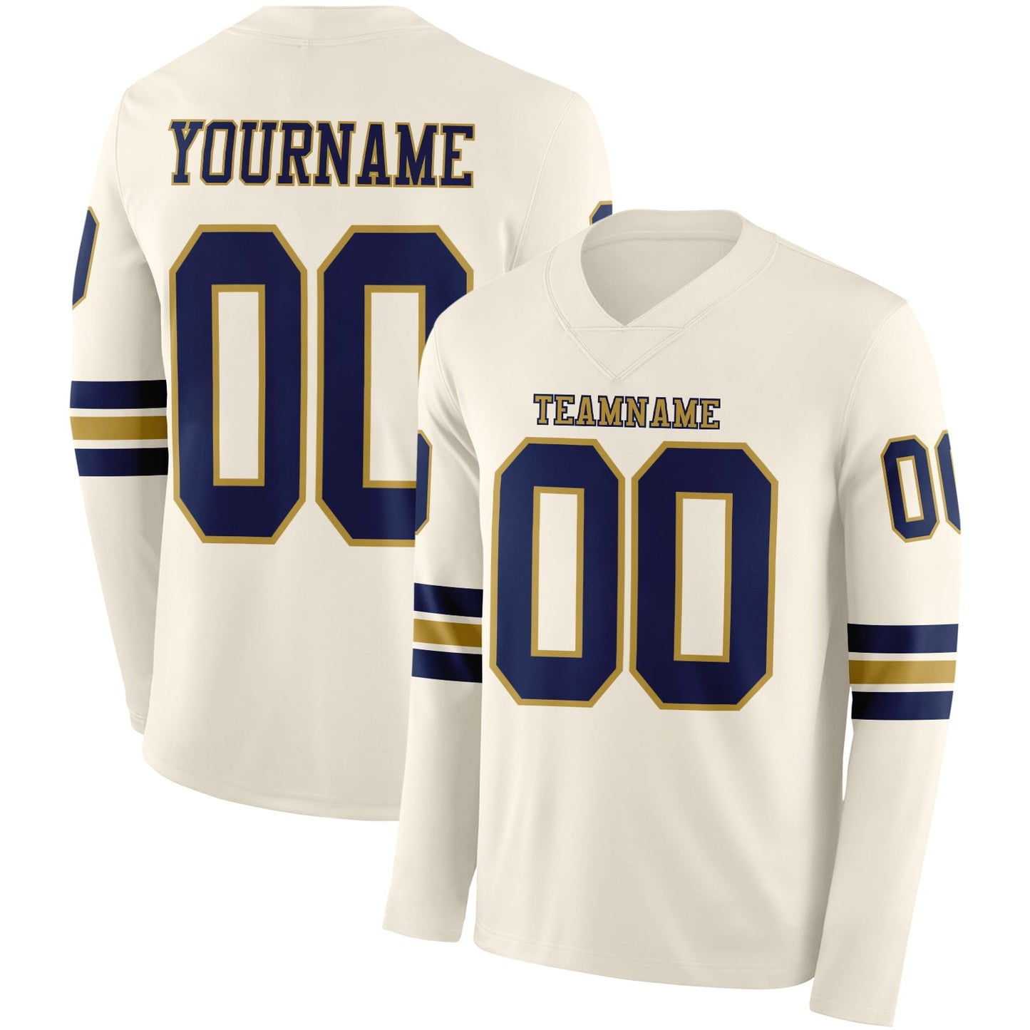 Custom Cream Navy-Old Gold Long Sleeve Authentic Football Jersey