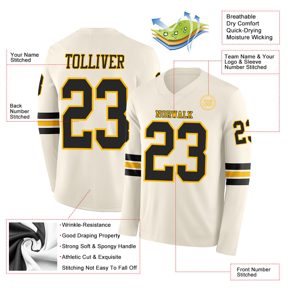 Custom Cream Black-Gold Long Sleeve Authentic Football Jersey Limited