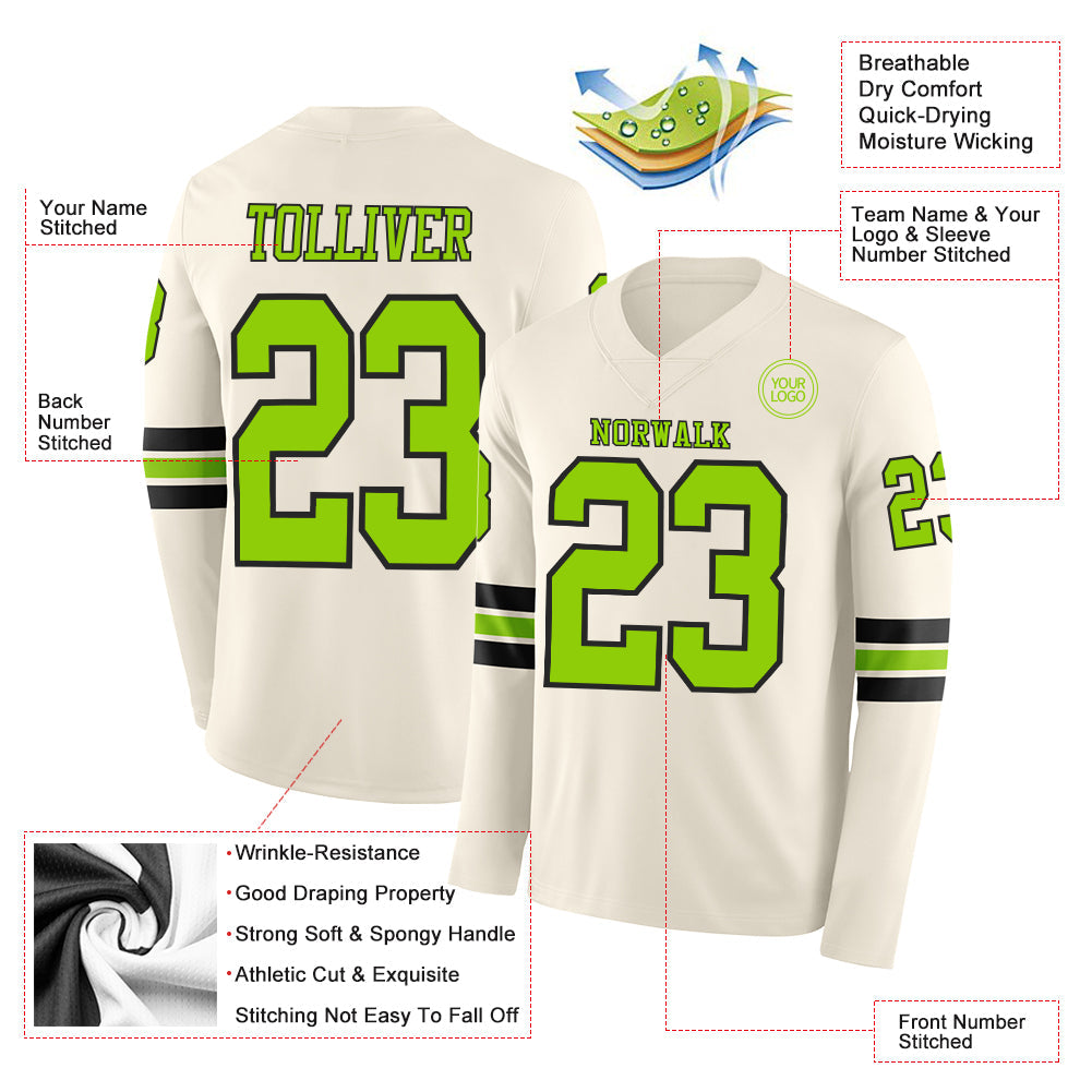 Custom Cream Neon Green-Black Long Sleeve Authentic Football Jersey Limited