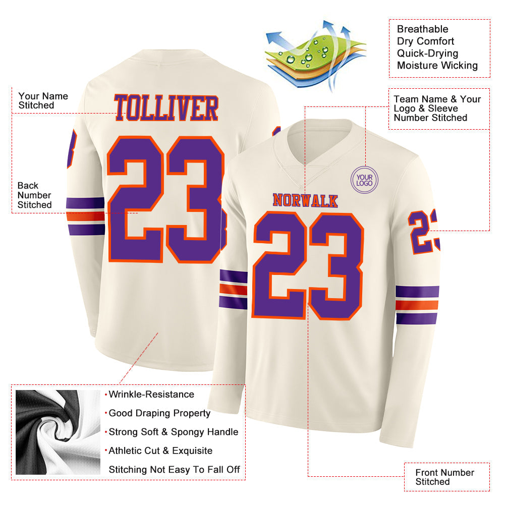 Custom Cream Purple-Orange Long Sleeve Authentic Football Jersey Limited