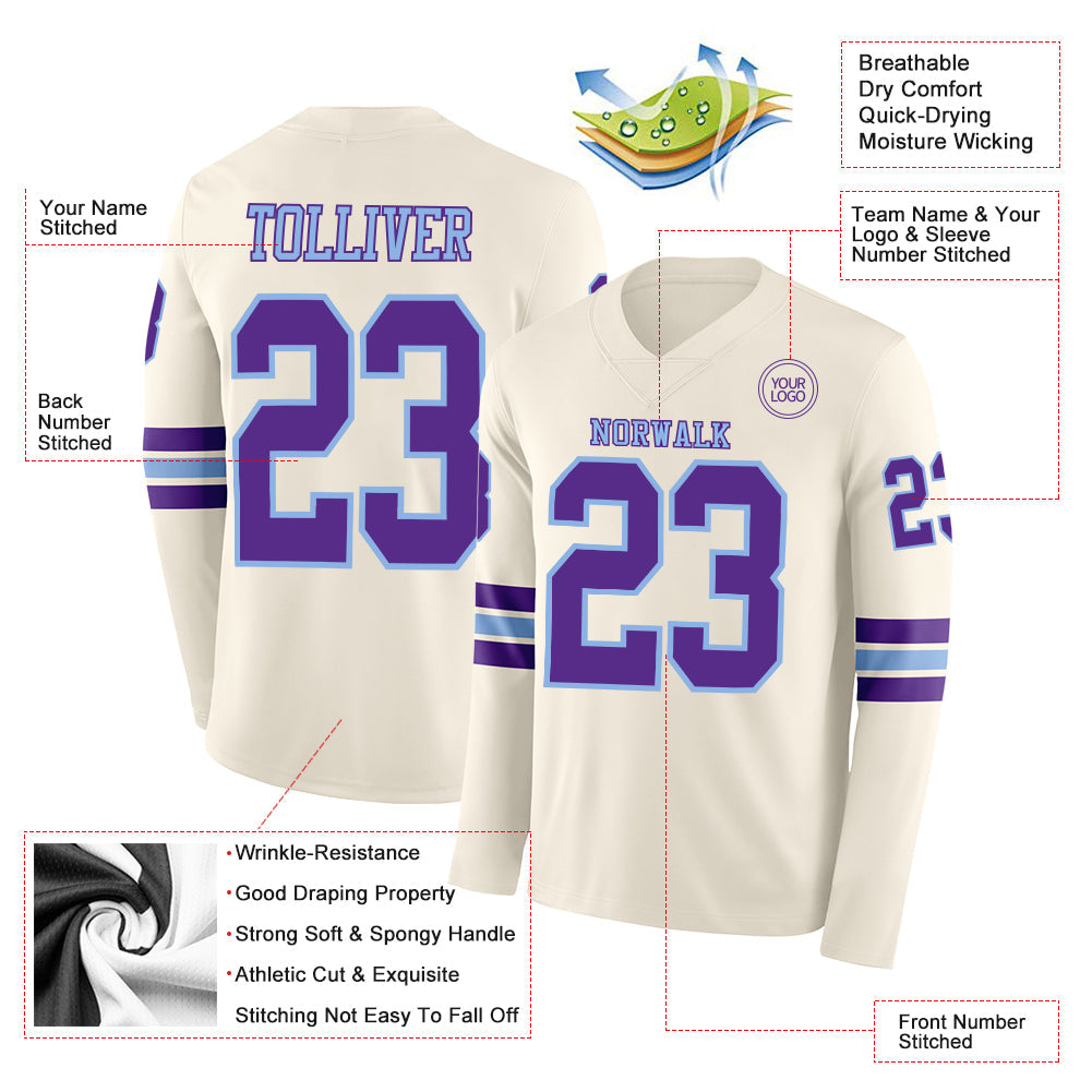 Custom Cream Purple-Light Blue Long Sleeve Authentic Football Jersey Limited