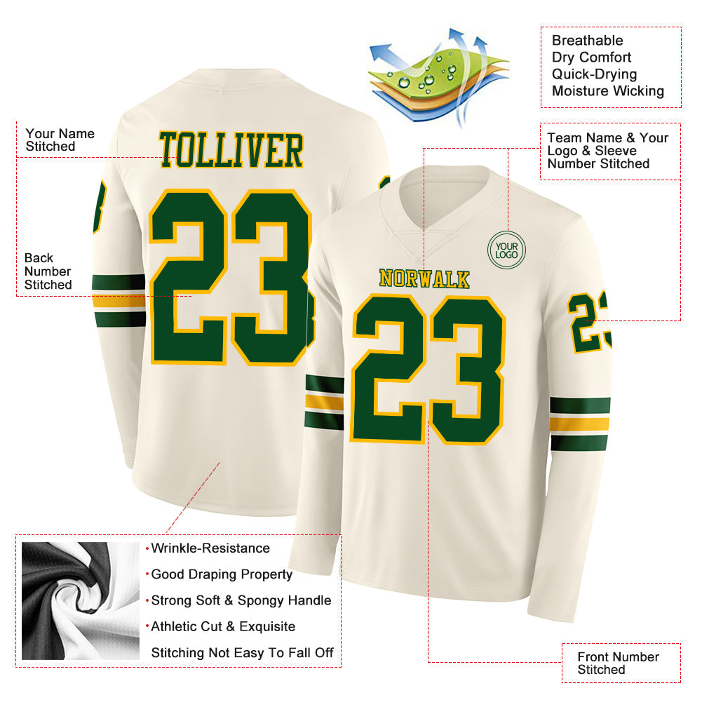 Custom Cream Green-Gold Long Sleeve Authentic Football Jersey Limited