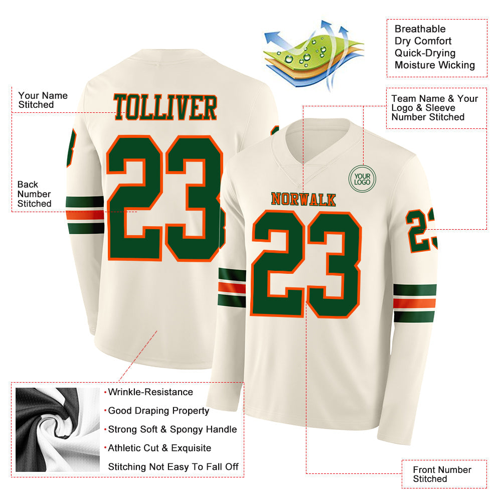 Custom Cream Green-Orange Long Sleeve Authentic Football Jersey Limited