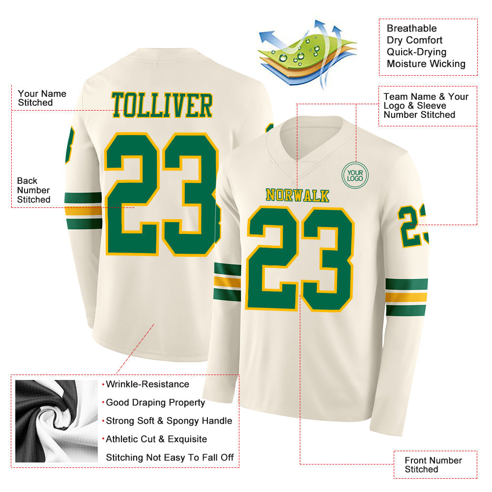 Custom Cream Kelly Green-Gold Long Sleeve Authentic Football Jersey Limited