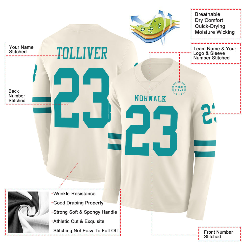 Custom Cream Teal Long Sleeve Authentic Football Jersey Limited