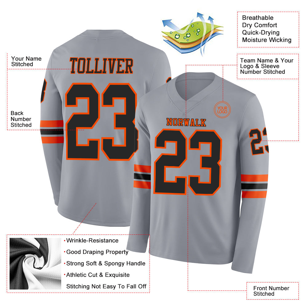 Custom Gray Black-Orange Long Sleeve Authentic Football Jersey Limited