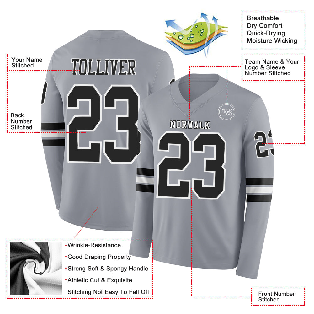 Custom Gray Black-White Long Sleeve Authentic Football Jersey Limited