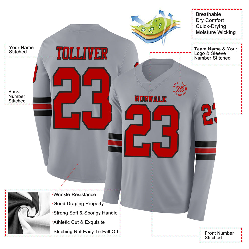 Custom Gray Red-Black Long Sleeve Authentic Football Jersey Limited