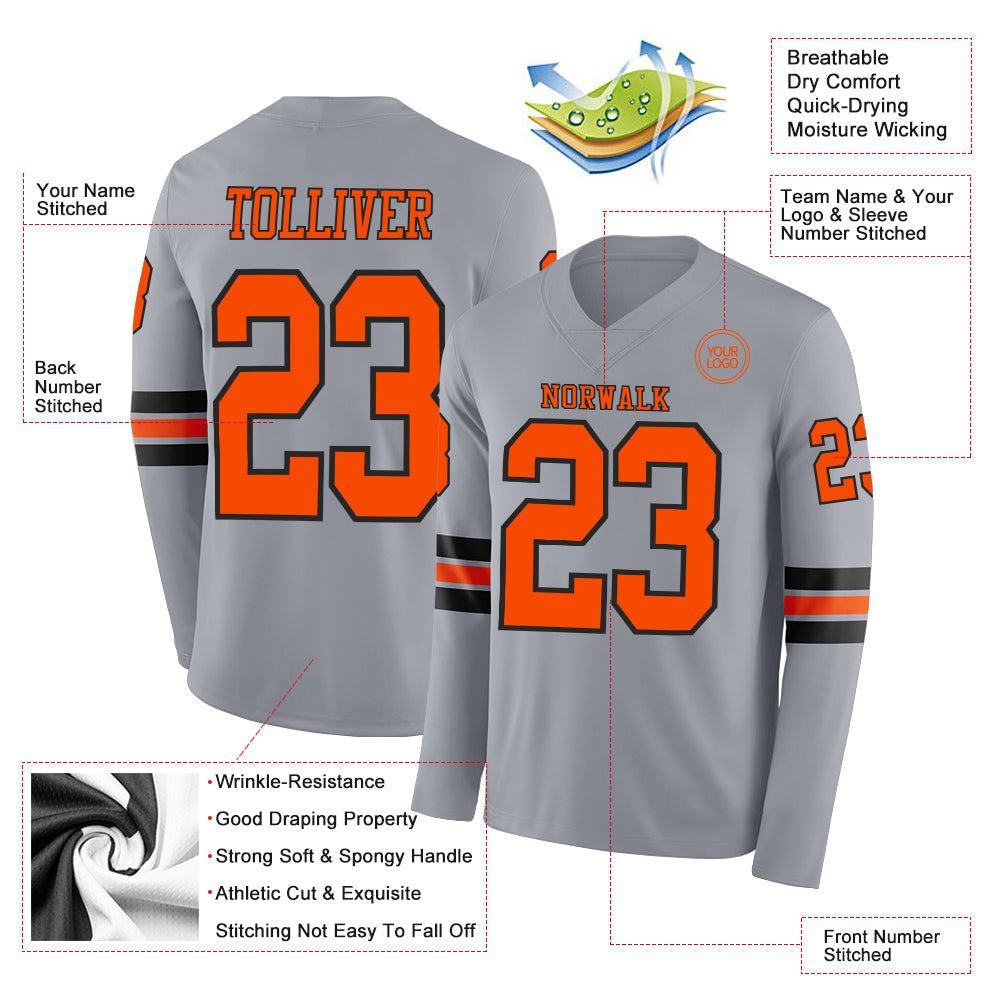Custom Gray Orange-Black Long Sleeve Authentic Football Jersey Limited