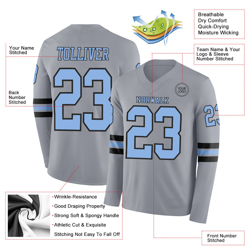Custom Gray Light Blue-Black Long Sleeve Authentic Football Jersey Limited