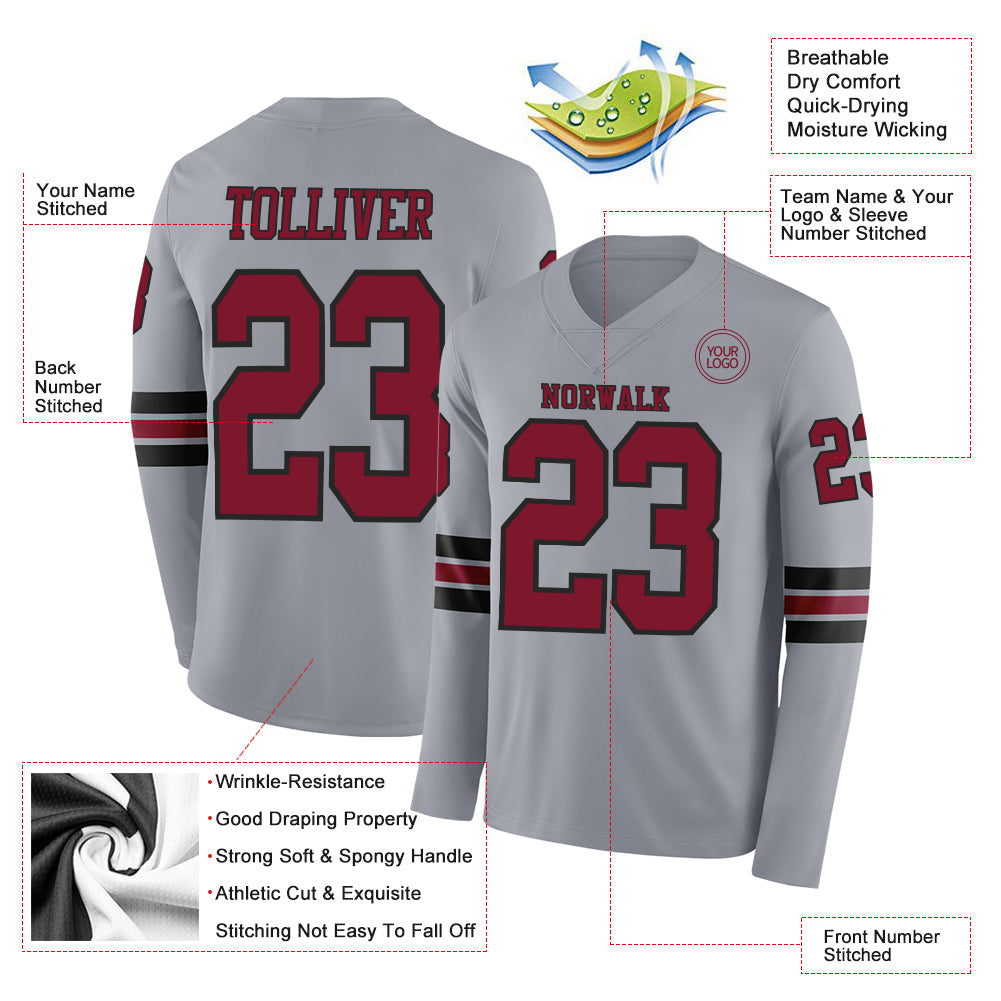 Custom Gray Crimson-Black Long Sleeve Authentic Football Jersey Limited