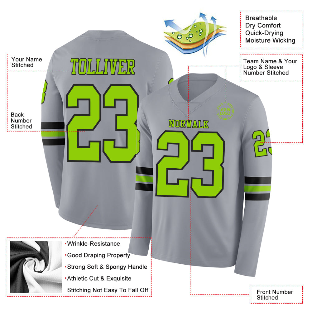 Custom Gray Neon Green-Black Long Sleeve Authentic Football Jersey Limited