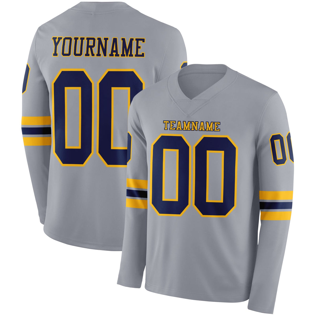 Custom Gray Navy-Gold Long Sleeve Authentic Football Jersey