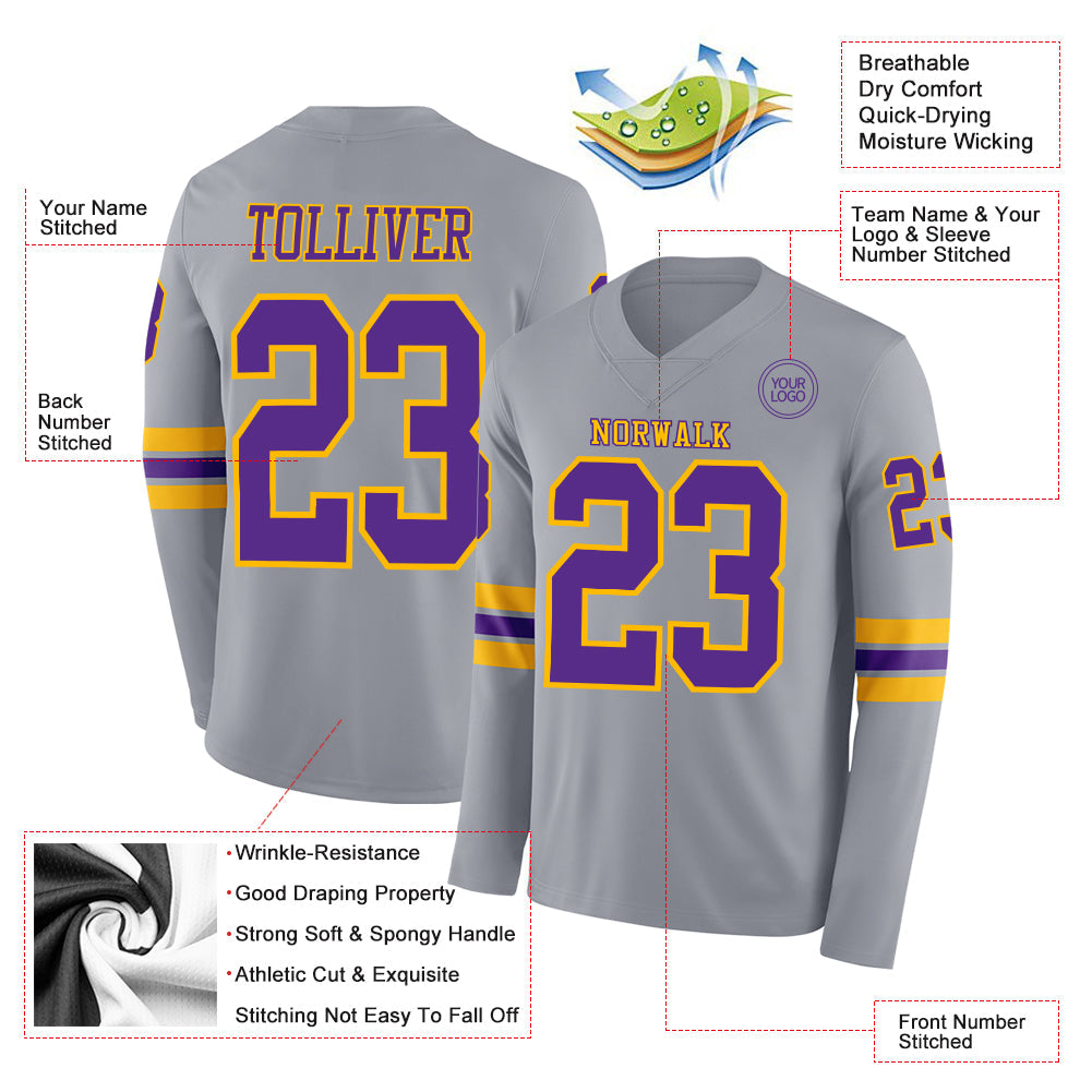 Custom Gray Purple-Gold Long Sleeve Authentic Football Jersey Limited