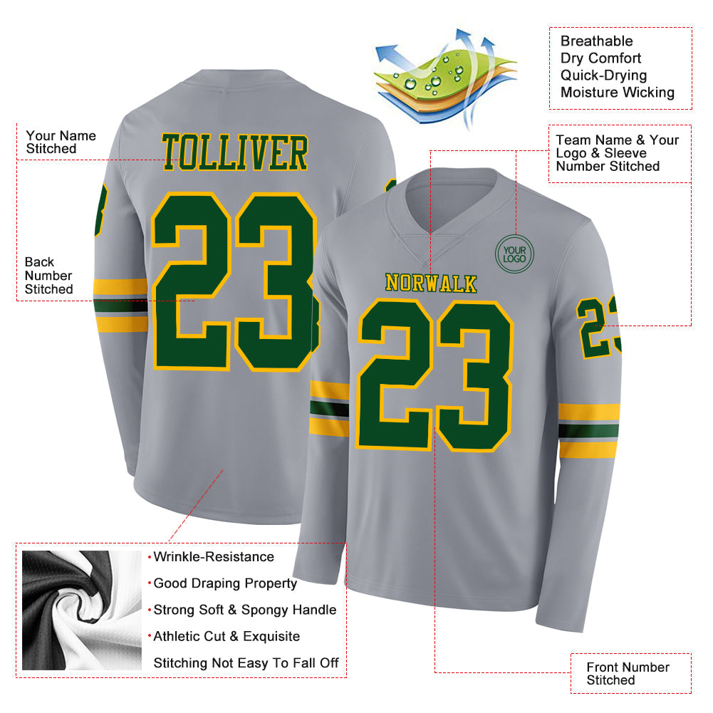 Custom Gray Green-Gold Long Sleeve Authentic Football Jersey Limited