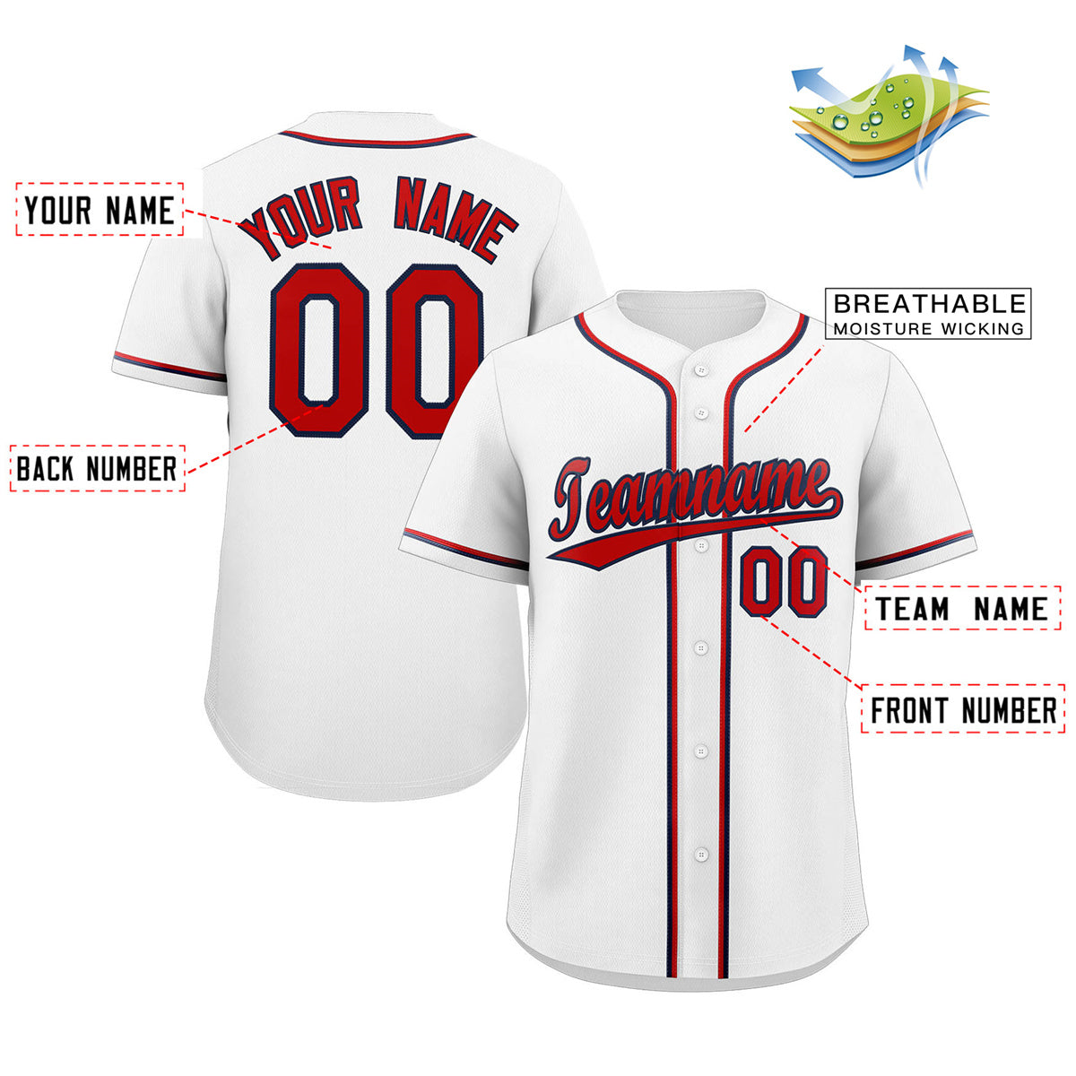 Custom White Red-Navy Classic Style Authentic Baseball Jersey Limited