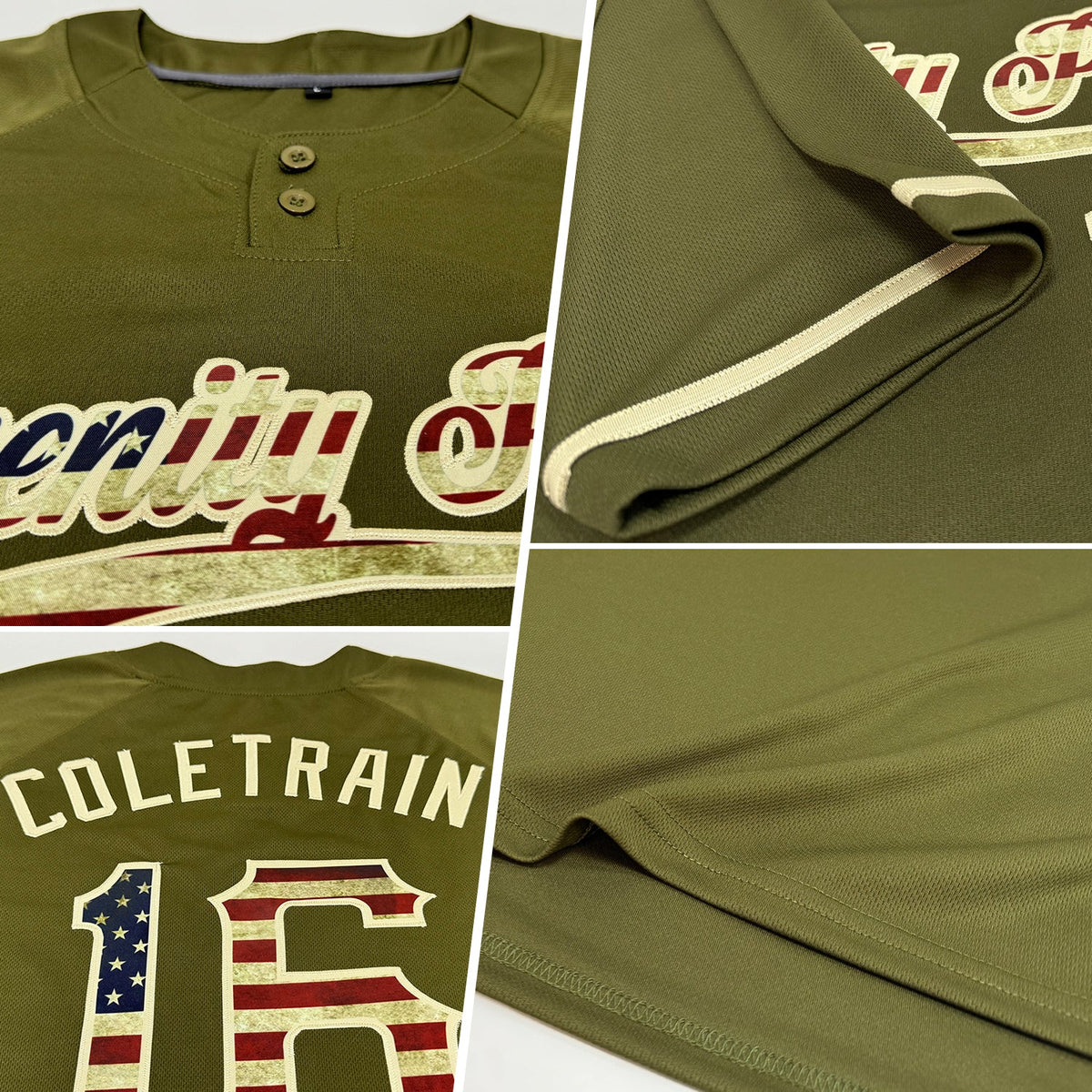 Custom Olive Vintage USA Flag-City Cream Salute To Service Two-Button Unisex Softball Jersey Limited