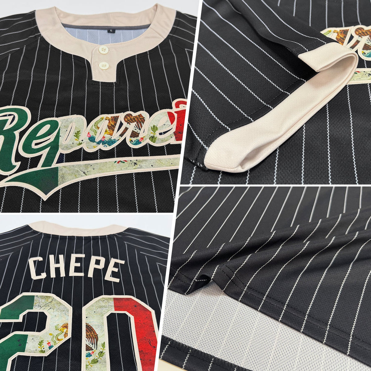 Custom Black Cream Pinstripe Vintage Mexican Flag Two-Button Unisex Softball Jersey Limited