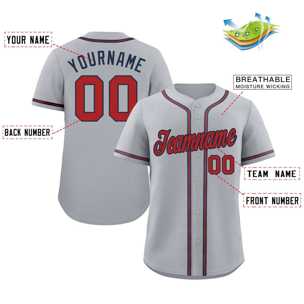 Custom Gray Red-Navy Classic Style Authentic Baseball Jersey Limited