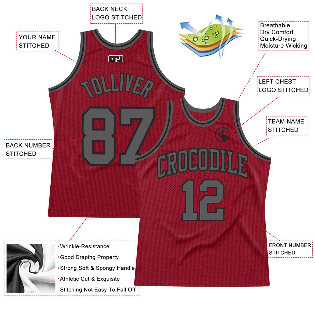 Custom Maroon Steel Gray-Black Authentic Throwback Basketball Jersey Limited