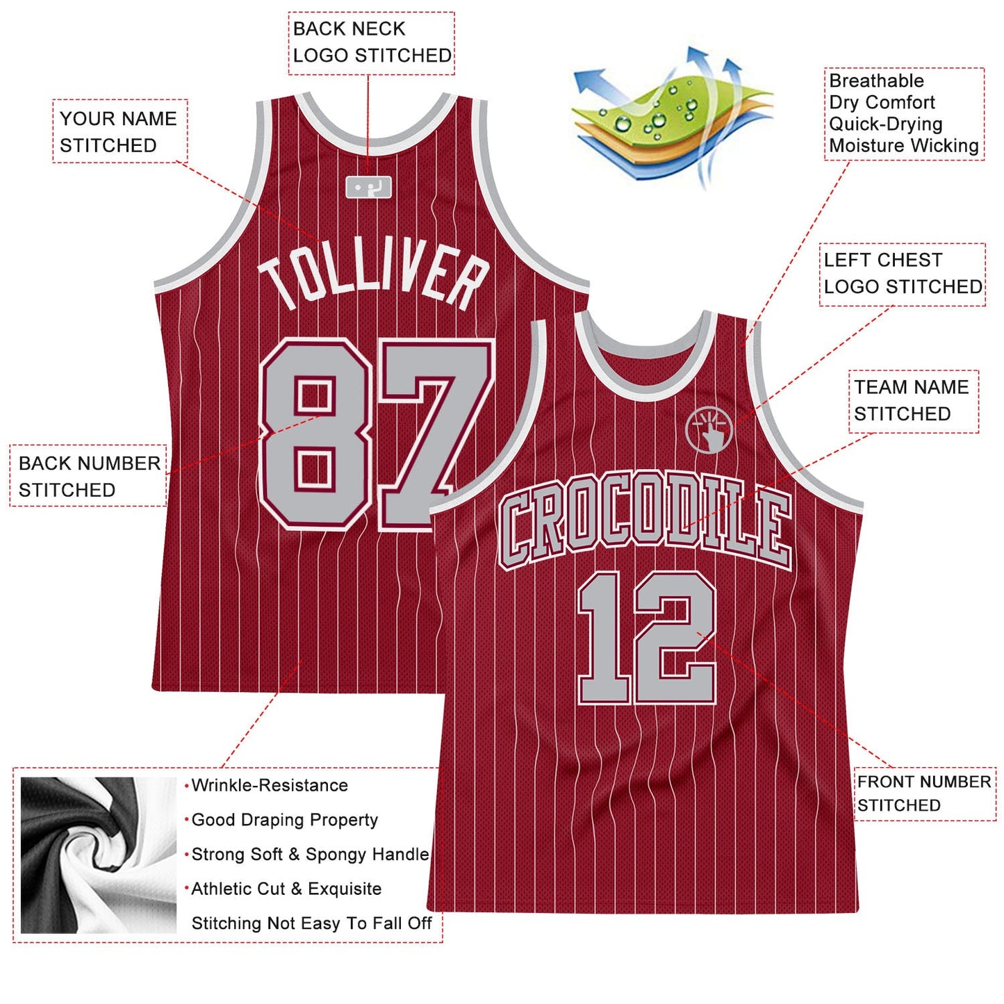 Custom Maroon White Pinstripe Gray Authentic Basketball Jersey Limited