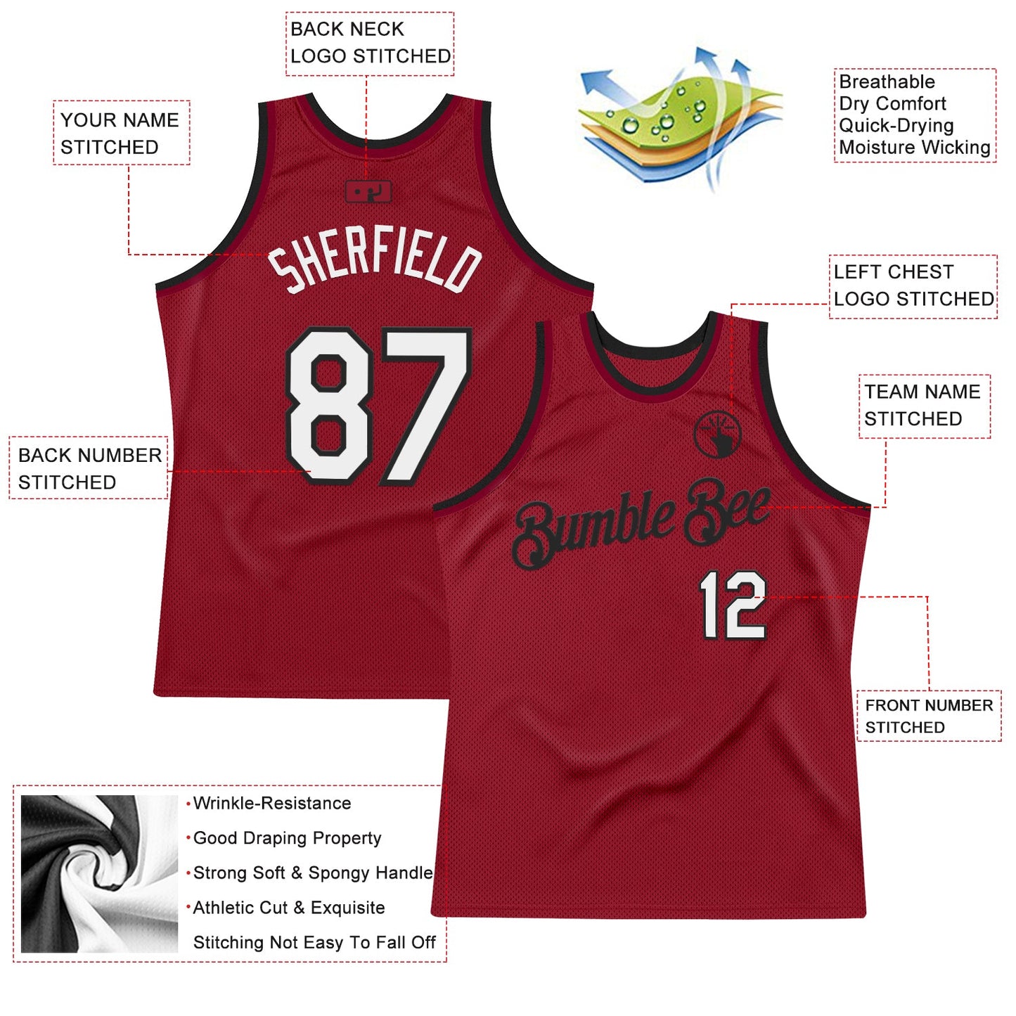 Custom Maroon White-Black Authentic Throwback Basketball Jersey Limited