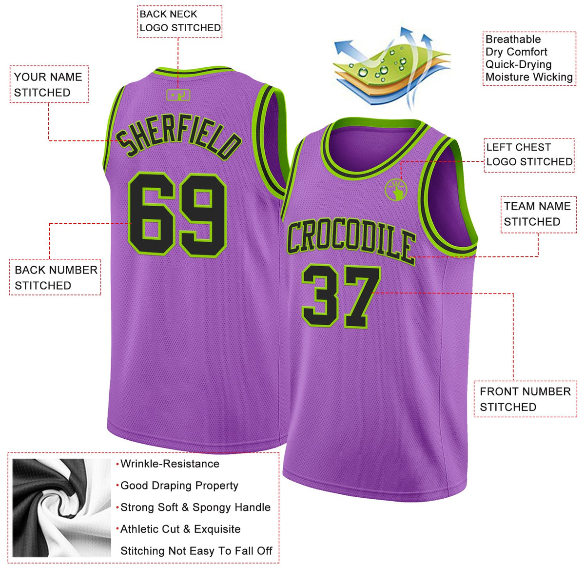 Custom Medium Purple Black-Neon Green Authentic Basketball Jersey Limited
