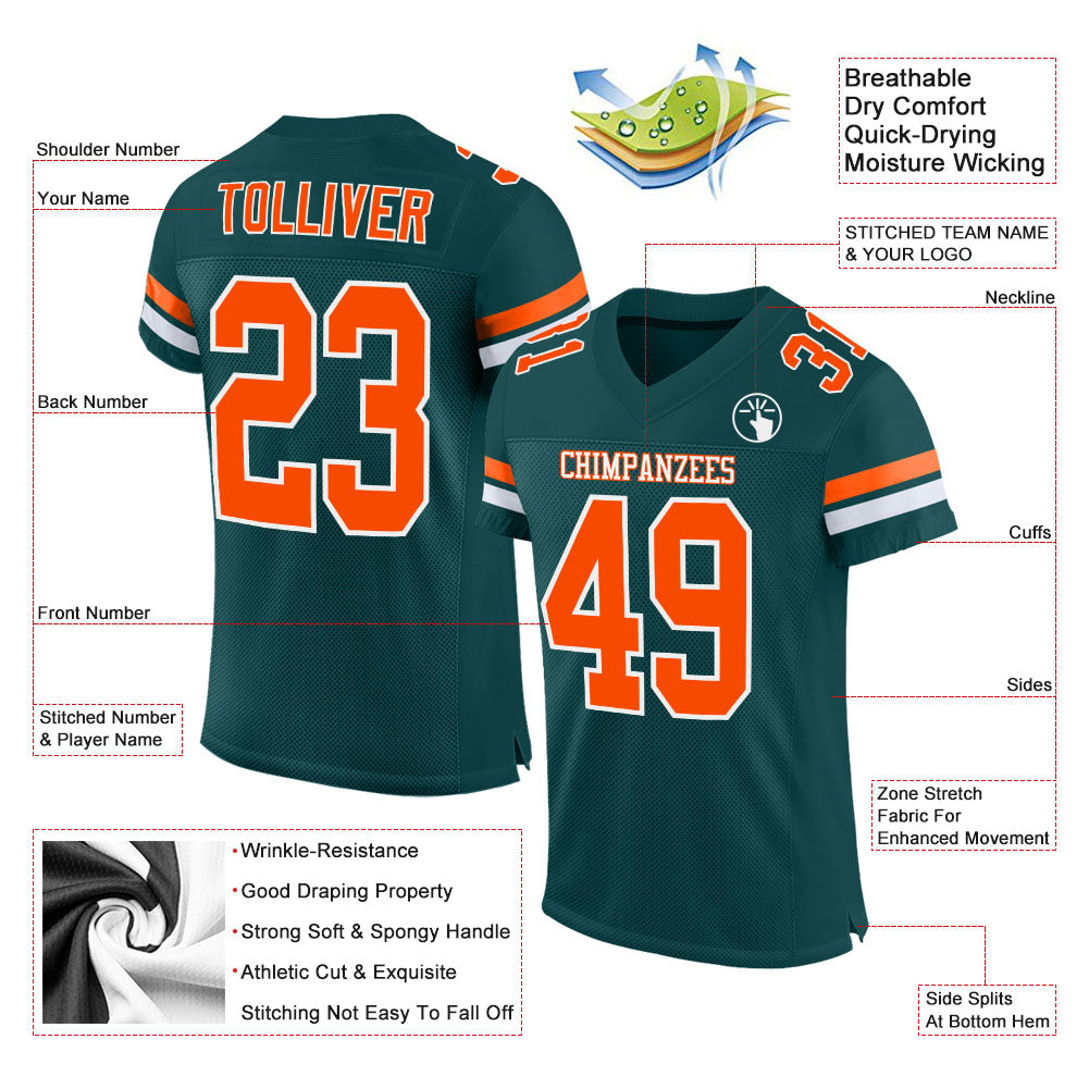 Custom Midnight Green Orange-White Mesh Authentic Football Jersey Limited