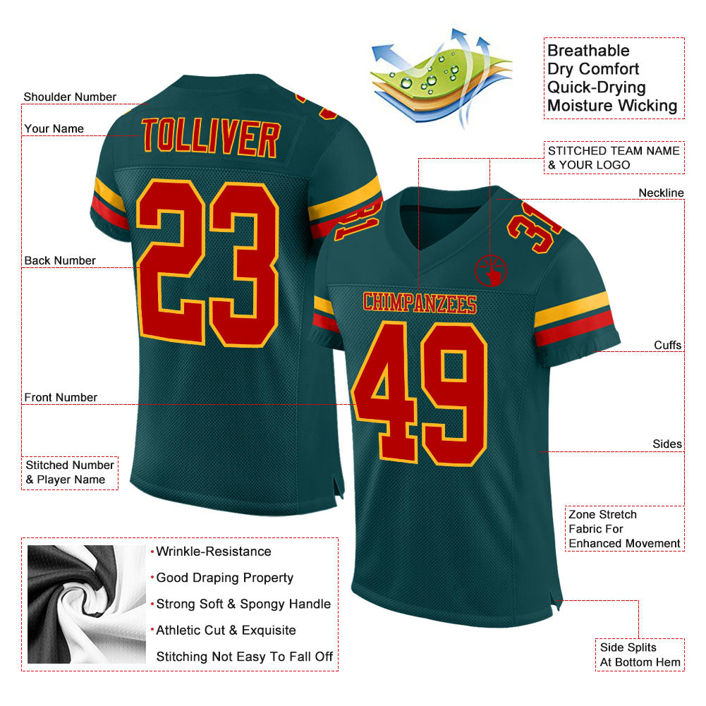 Custom Midnight Green Red-Gold Mesh Authentic Football Jersey Limited