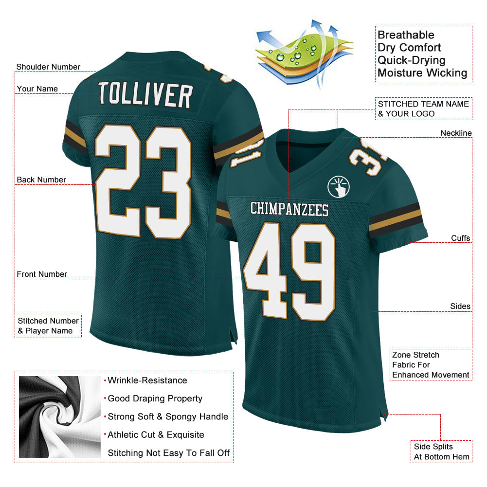 Custom Midnight Green White-Old Gold Mesh Authentic Football Jersey Limited