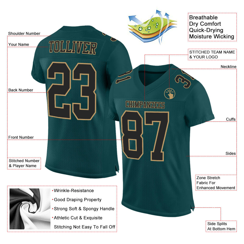 Custom Midnight Green Black-Old Gold Mesh Authentic Football Jersey Limited