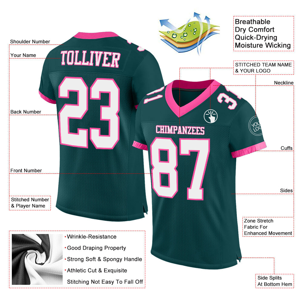 Custom Midnight Green White-Pink Mesh Authentic Football Jersey Limited