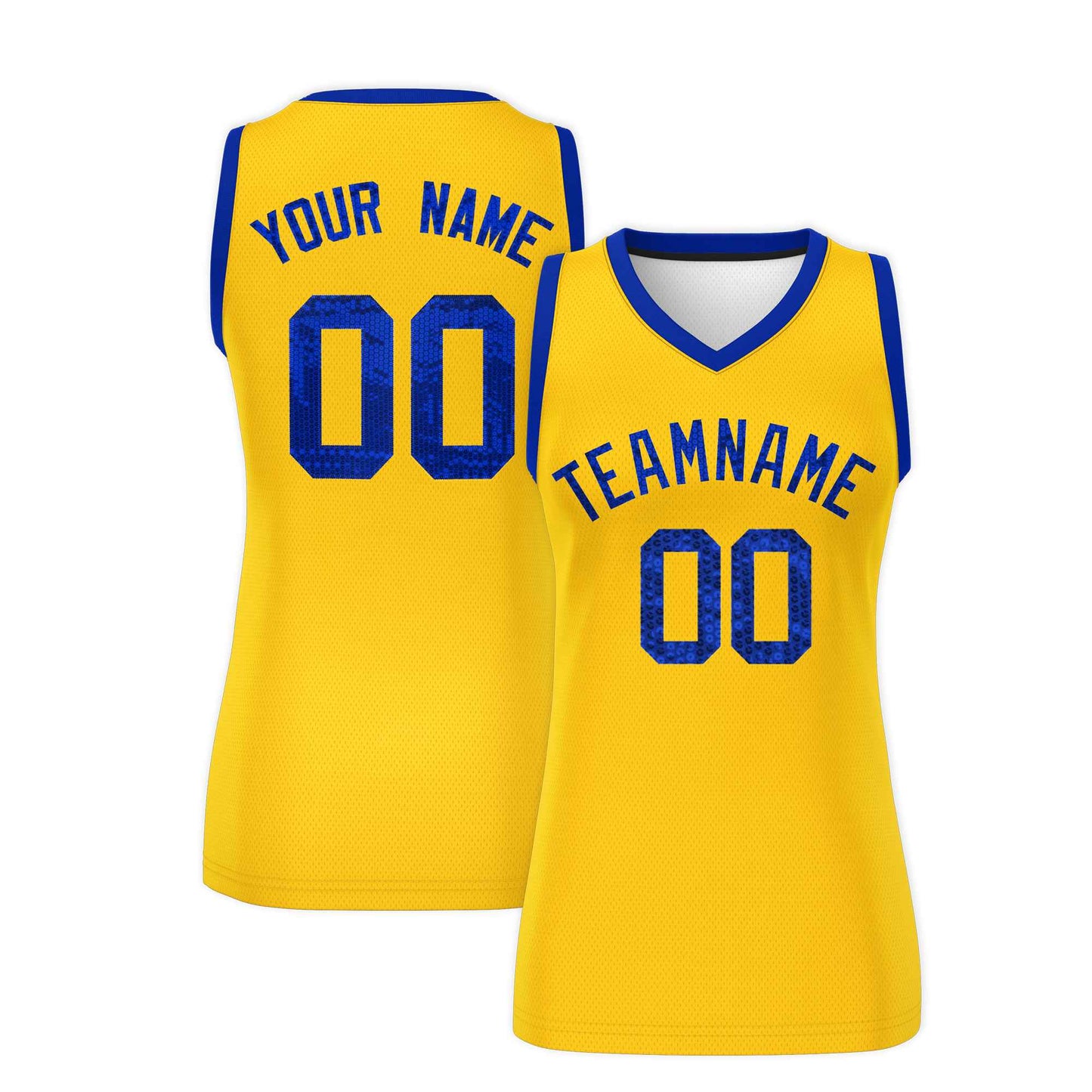 Custom Gold Royal Women Basketball Jersey Sequined Dress