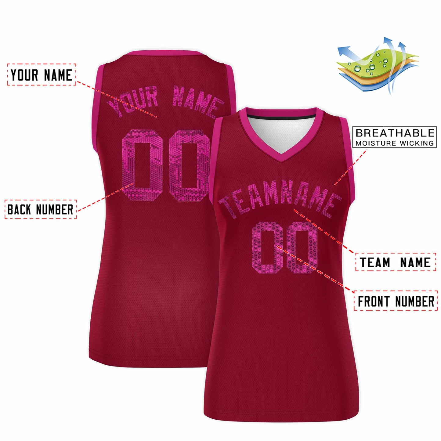 Custom Crimson Pink Women Basketball Jersey Sequined Dress Limited