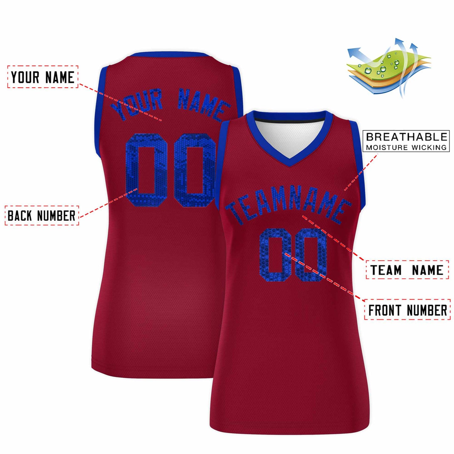 Custom Crimson Royal Women Basketball Jersey Sequined Dress Limited