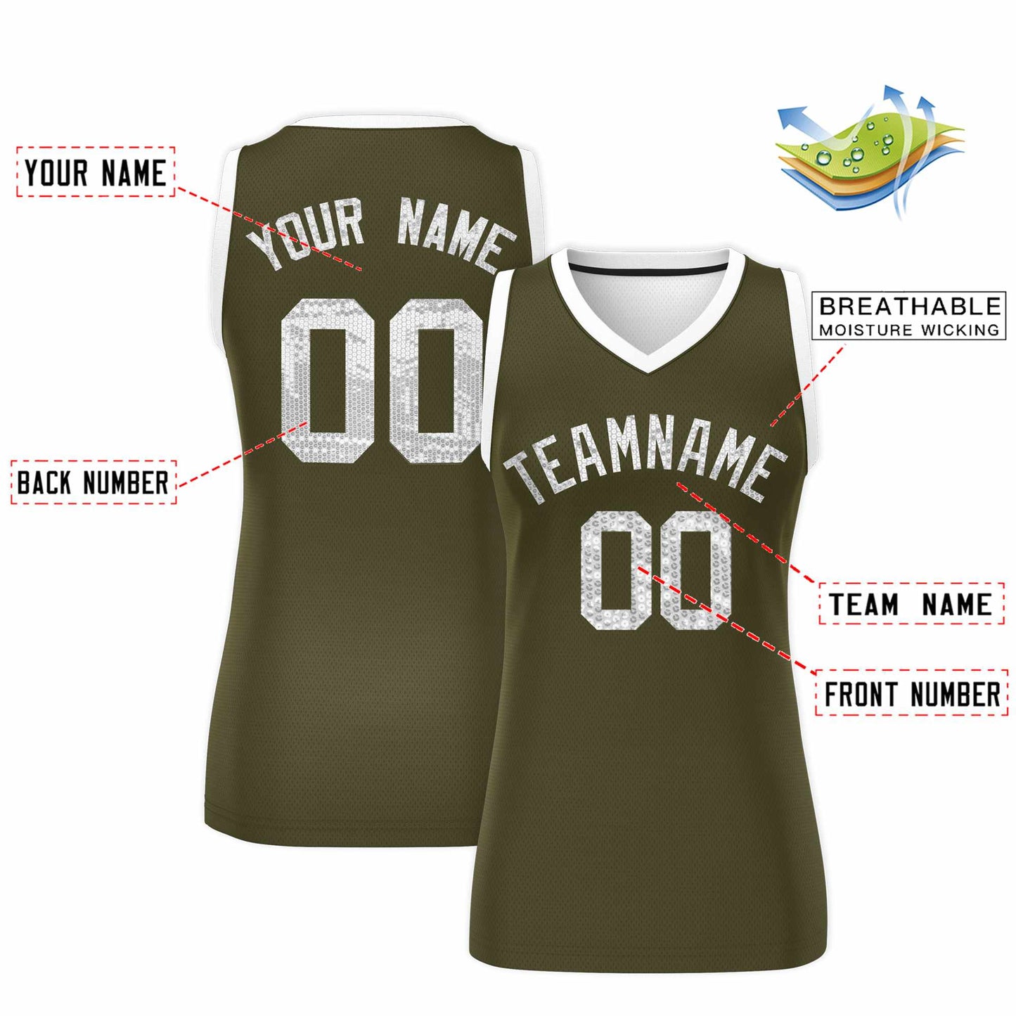 Custom Olive White Women Basketball Jersey Sequined Dress Limited