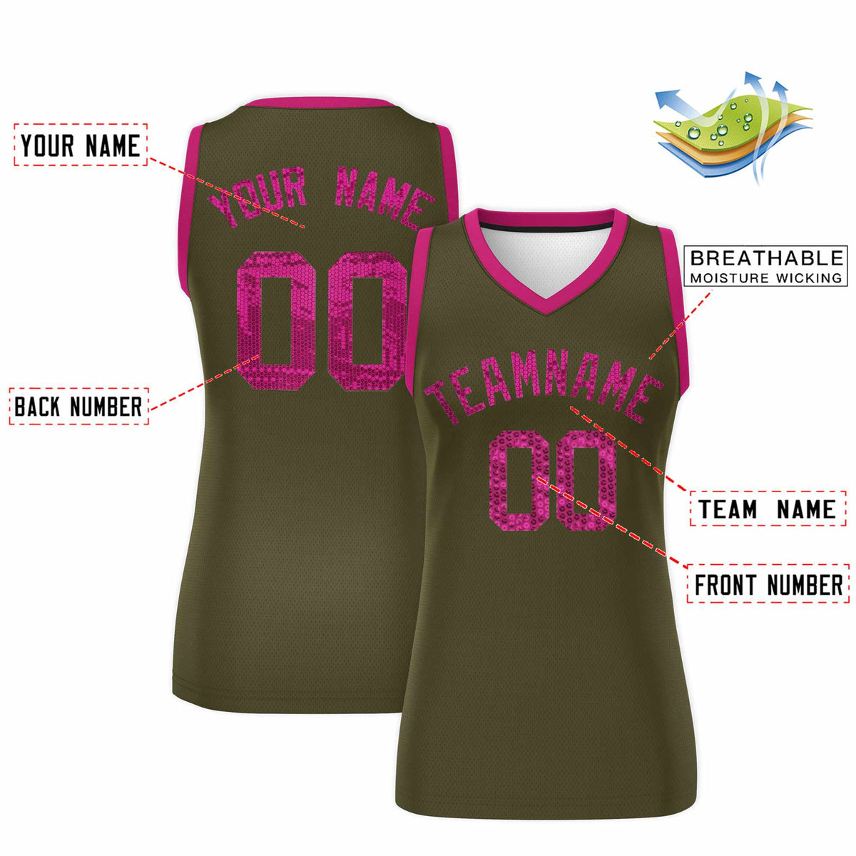 Custom Olive Pink Women Basketball Jersey Sequined Dress Limited