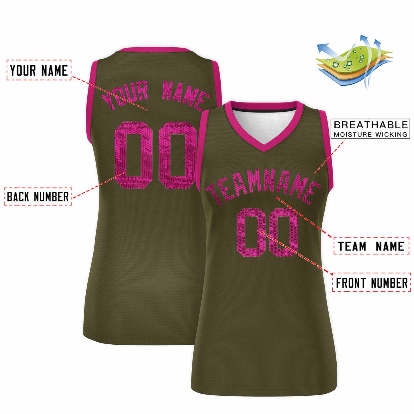 Custom Olive Pink Women Basketball Jersey Sequined Dress Limited