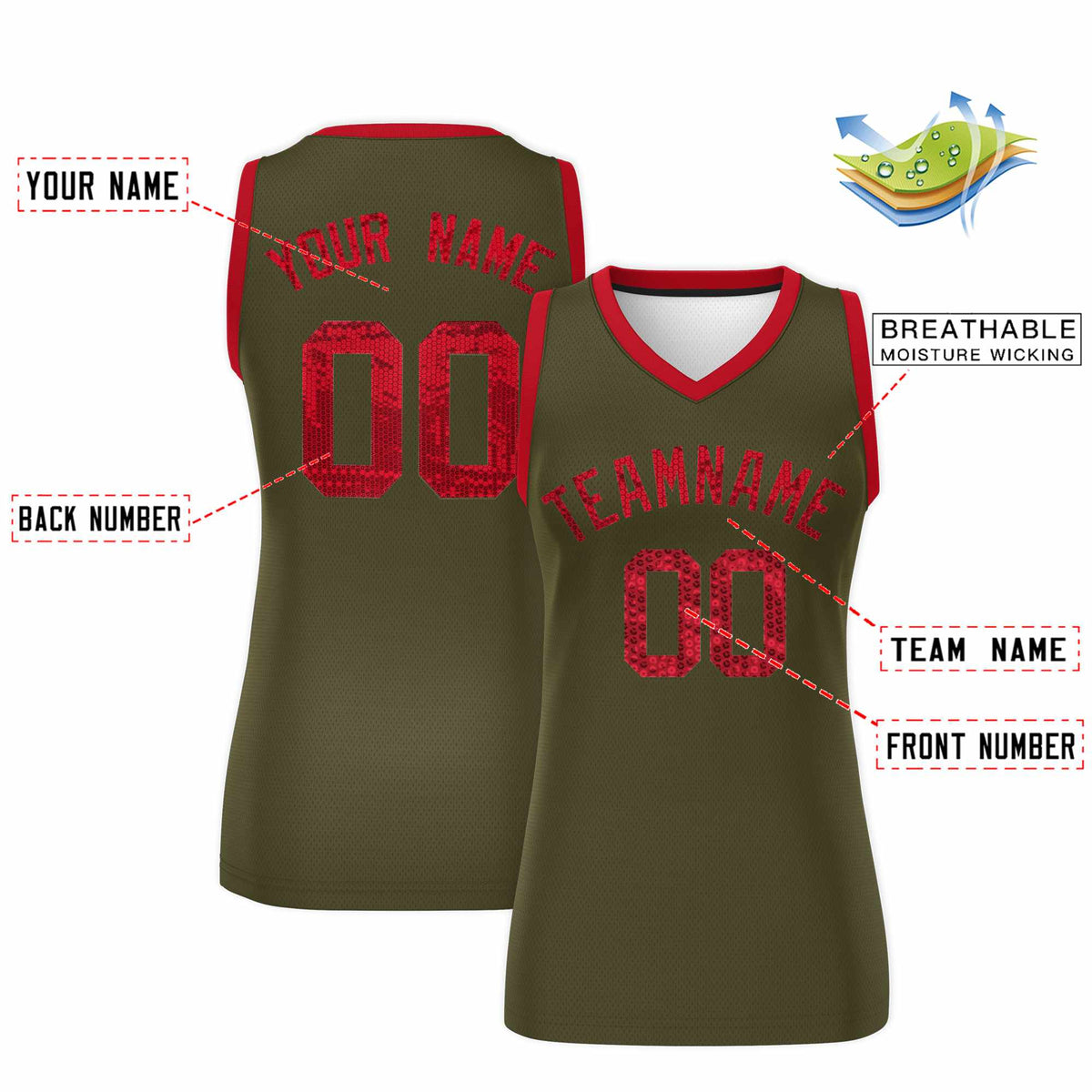 Custom Olive Red Women Basketball Jersey Sequined Dress Limited