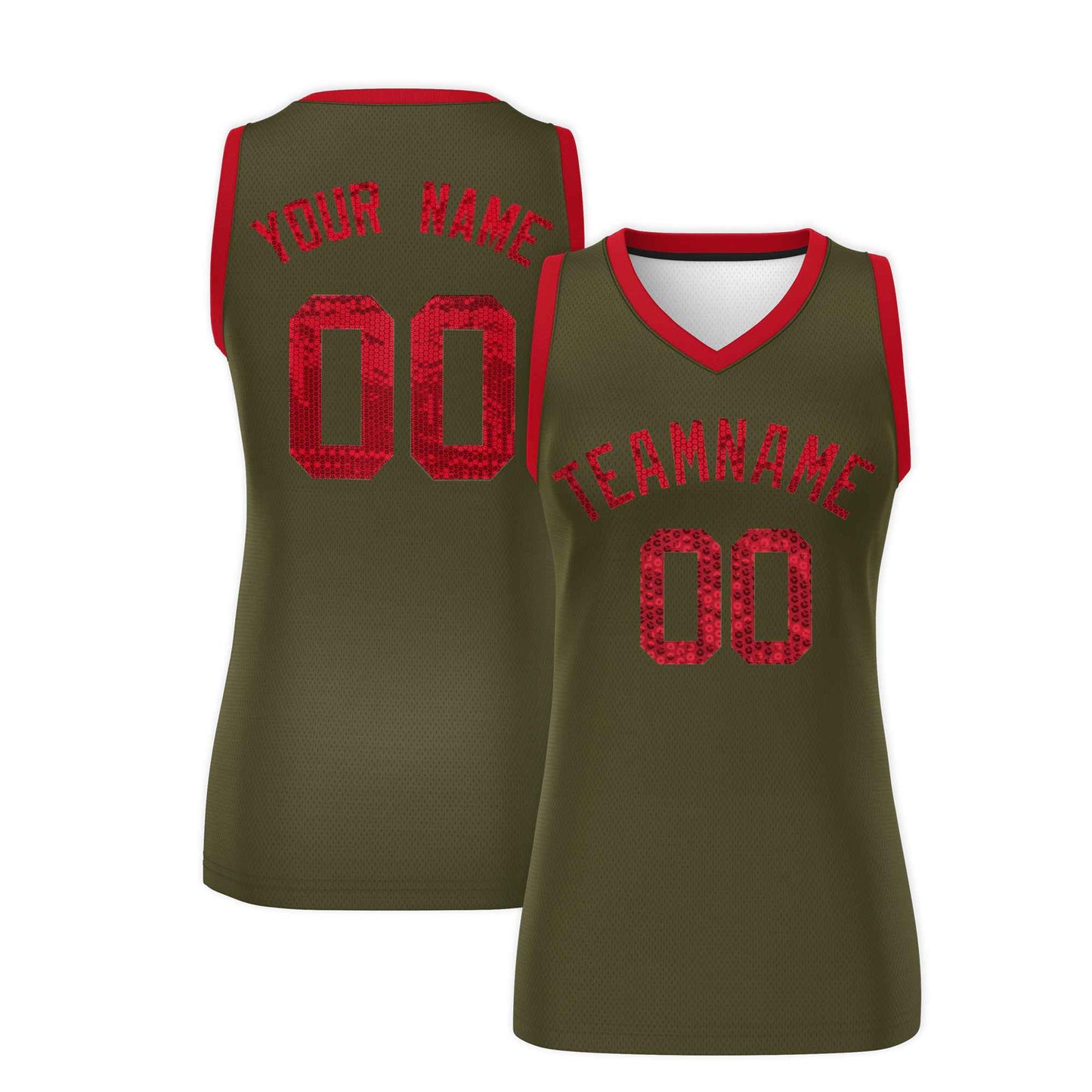 Custom Olive Red Women Basketball Jersey Sequined Dress