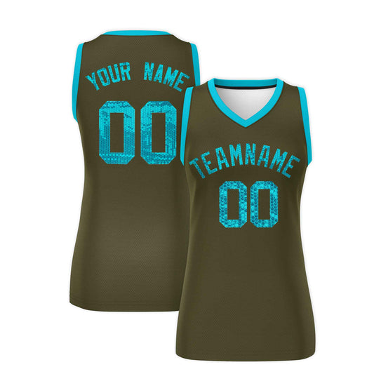 Custom Olive Sky Blue Women Basketball Jersey Sequined Dress