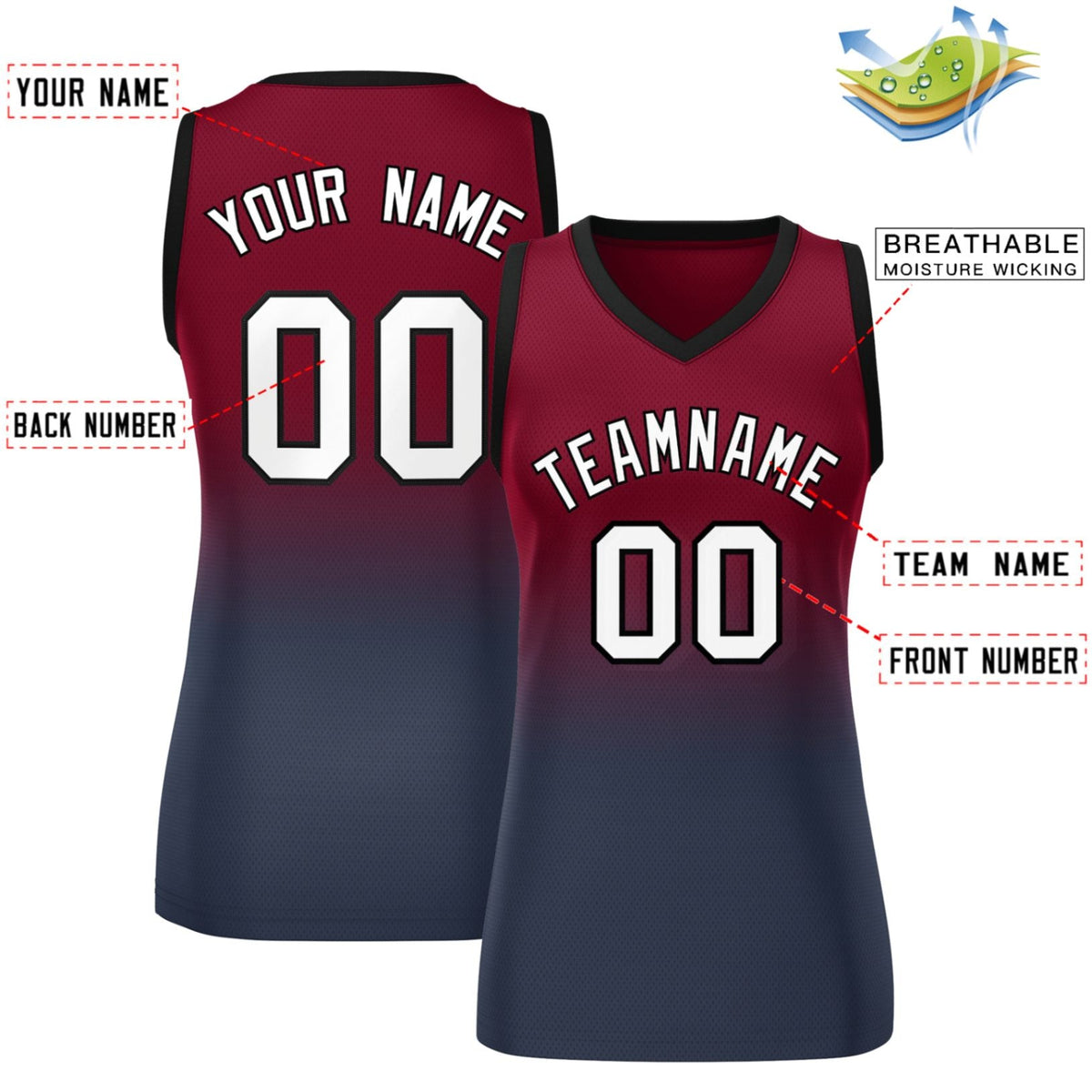 Custom Crimson Navy Gradient Fashion Tops Mesh Basketball Jersey For Women Limited