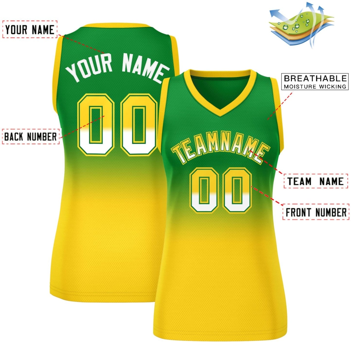 Custom Kelly Green Gold Gradient Fashion Tops Mesh Basketball Jersey For Women Limited