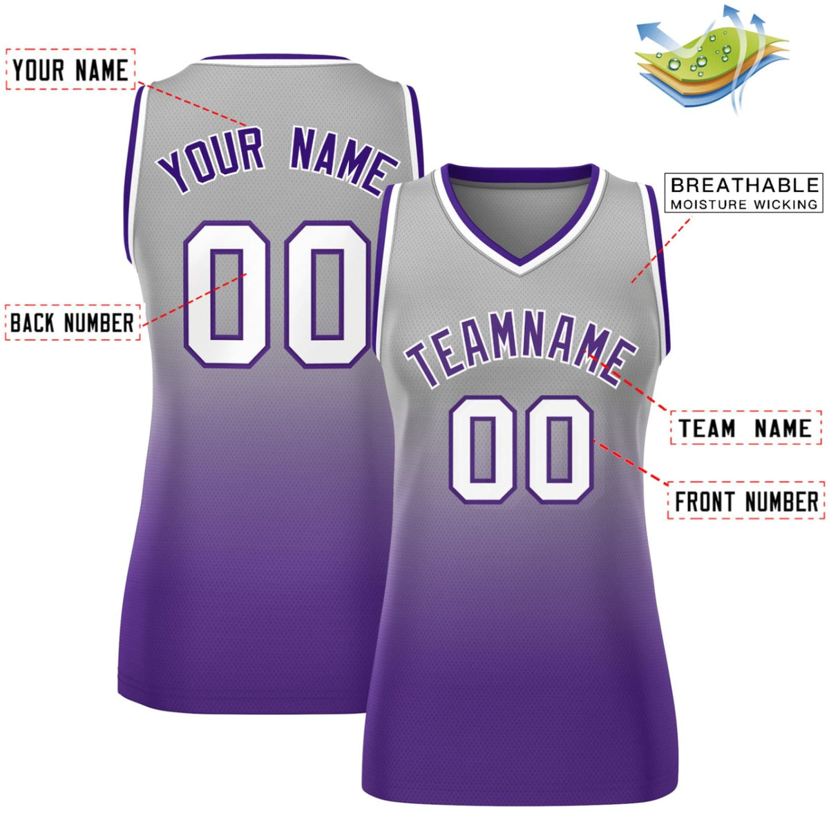Custom Gray Purple Gradient Fashion Tops Mesh Basketball Jersey For Women Limited