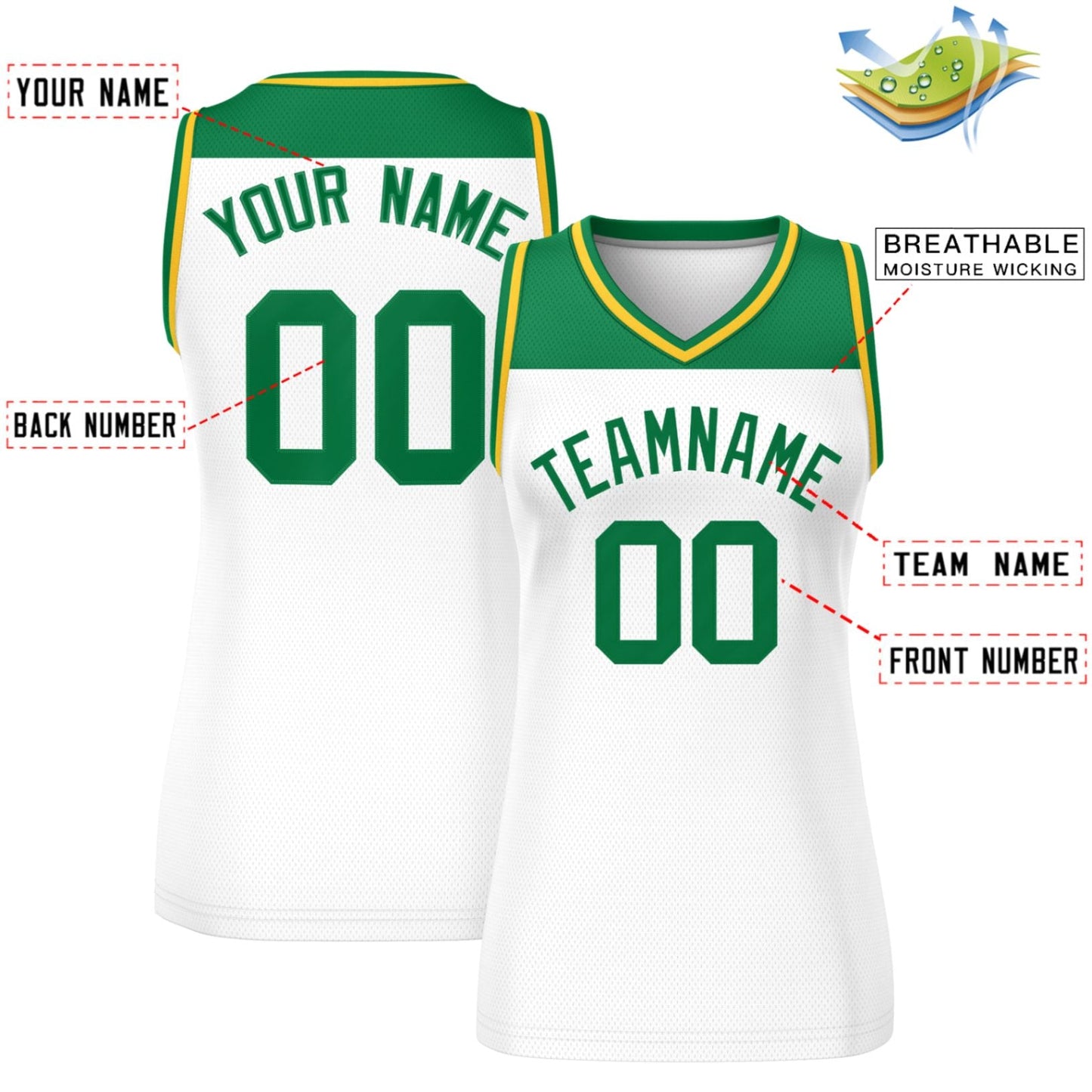 Custom Kelly Green White Color Block Fashion Tops Mesh Basketball Jersey For Women Limited