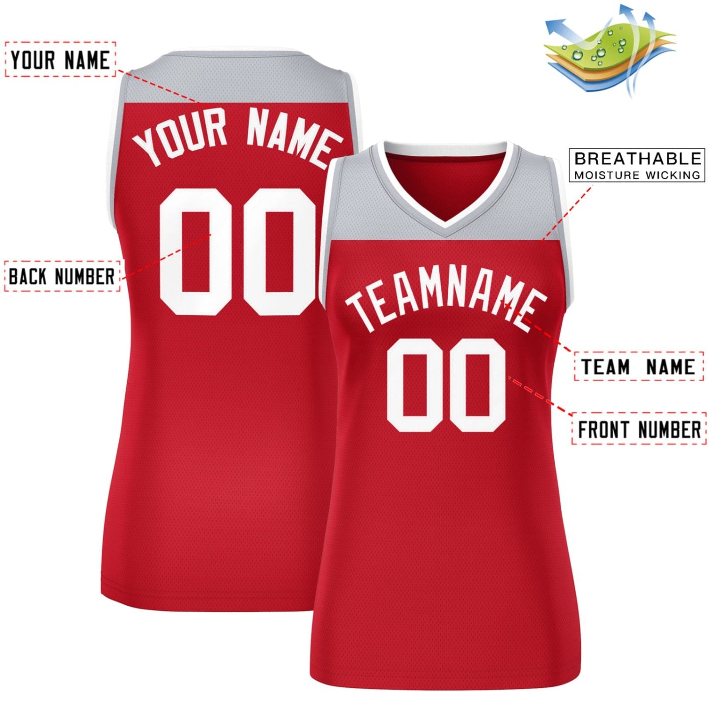Custom Gray Red Color Block Fashion Tops Mesh Basketball Jersey For Women Limited